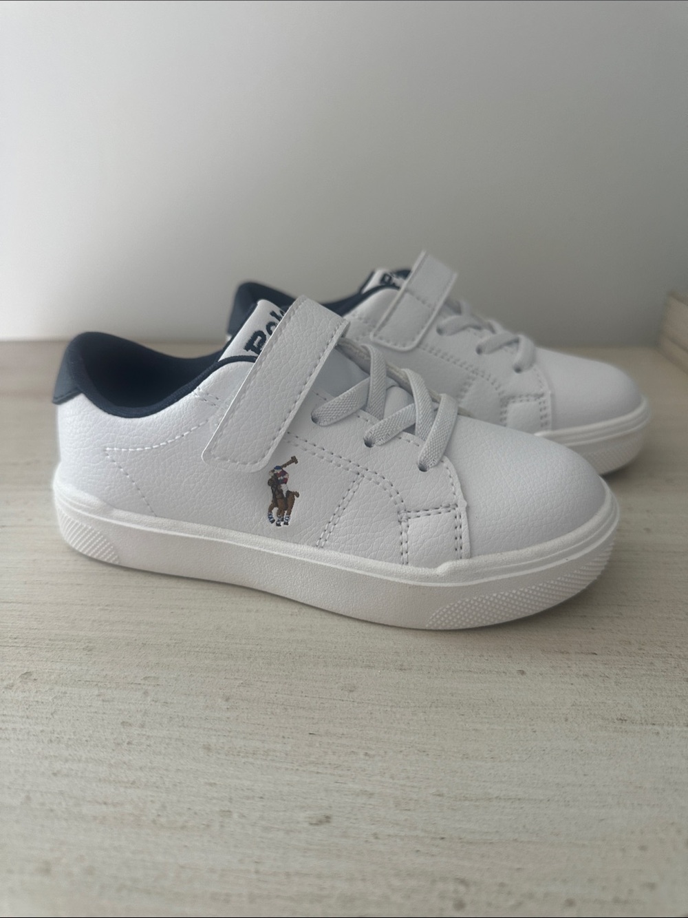 Polo by Ralph Lauren White and Navy Kids Sneaker with Hook-and-Loop Strap